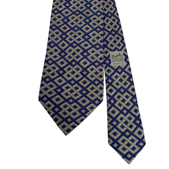 Hermes Men's Tie Geometric Navy Blue & Olive Green Silk 7656 TA 3.5 (W) 58 (L)